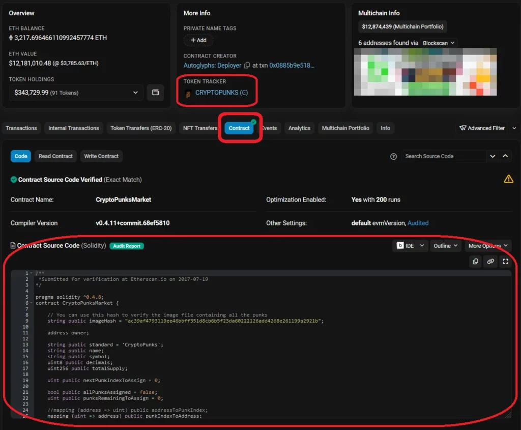 Smart contract view on a blockchain explorer.