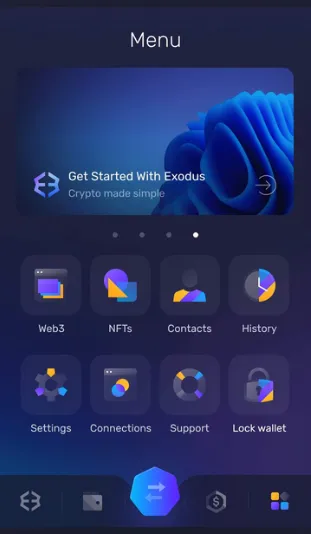 Exodus wallet menu.