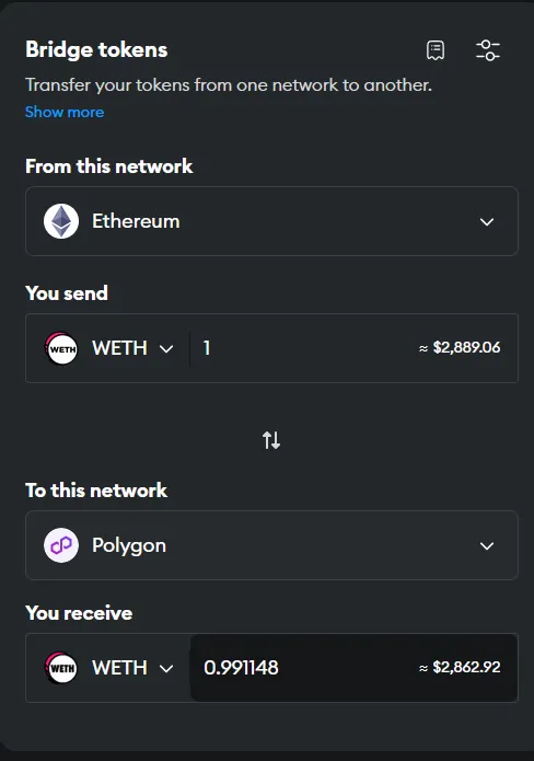 MetaMask bridge interface.