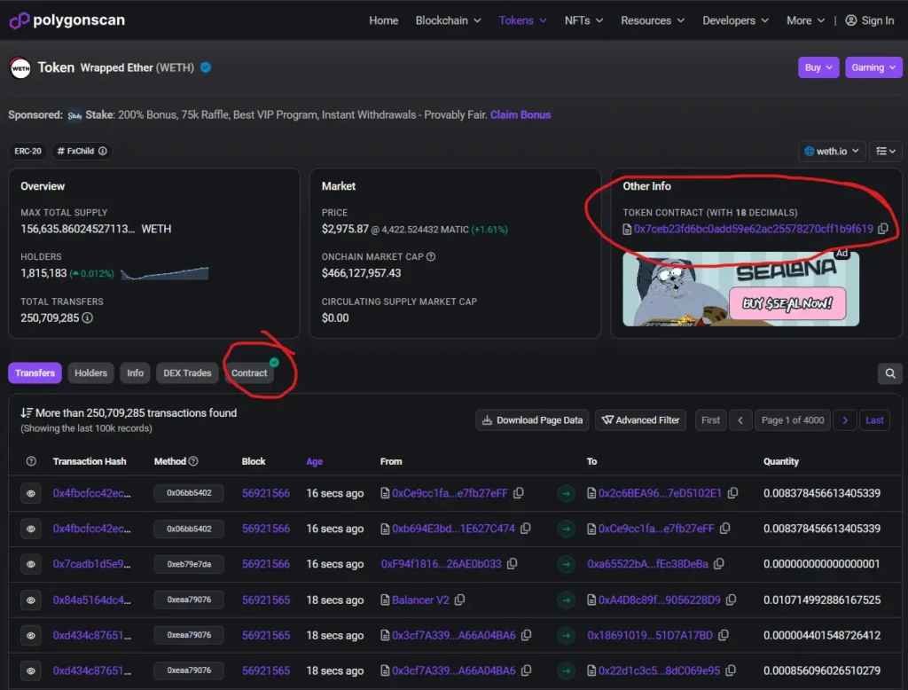 Screenshot of the Wrapped Ethereum (WETH) contract on the blockchains explorer Polygonscan.