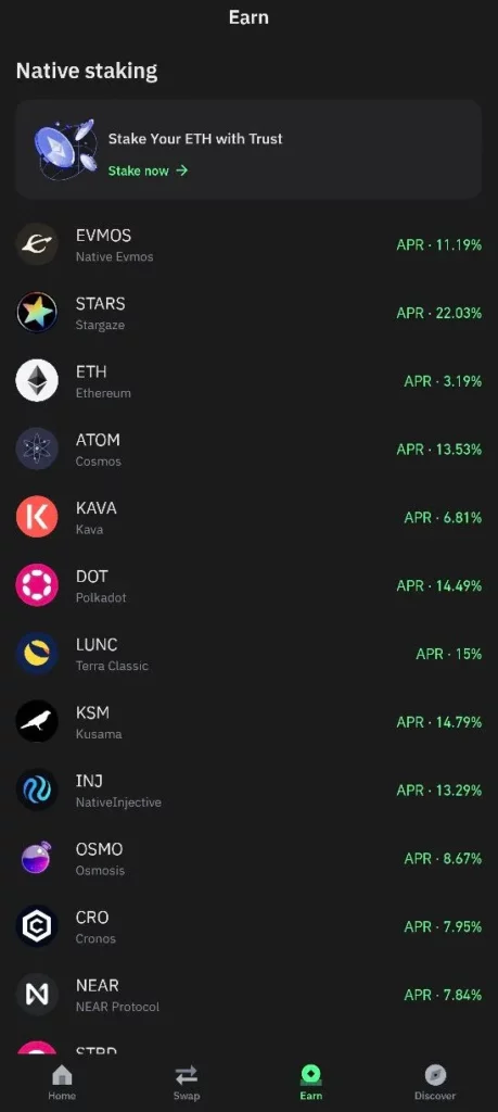 Trust Wallet staking interface.